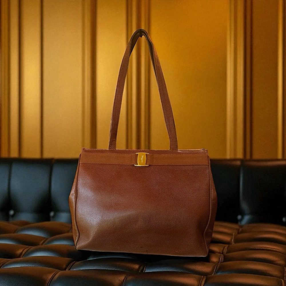 Salvatore Ferragamo Brown Leather Tote Bag with Gold Hardware